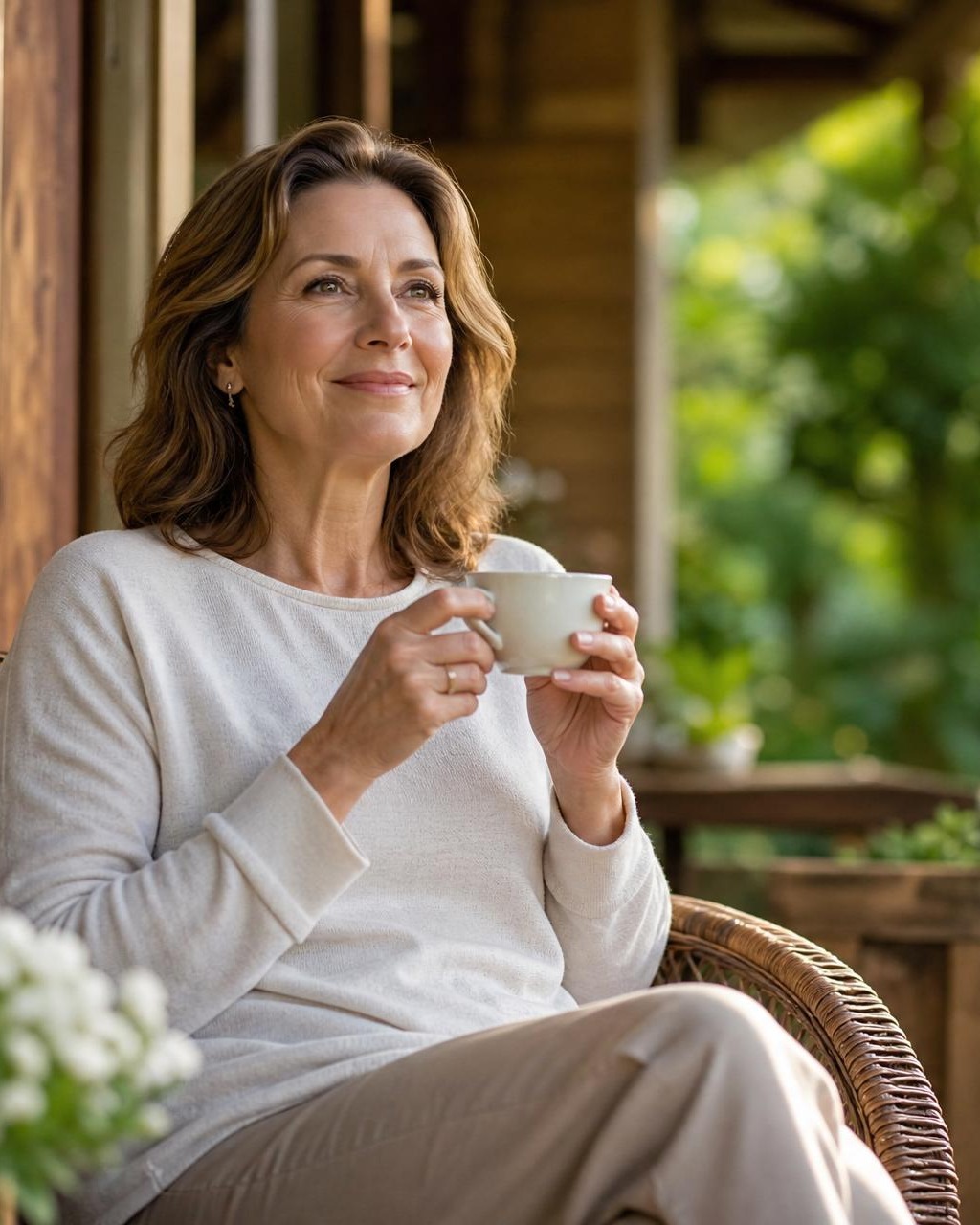 A calm woman enjoying tea in a peaceful garden, looking forward with hope